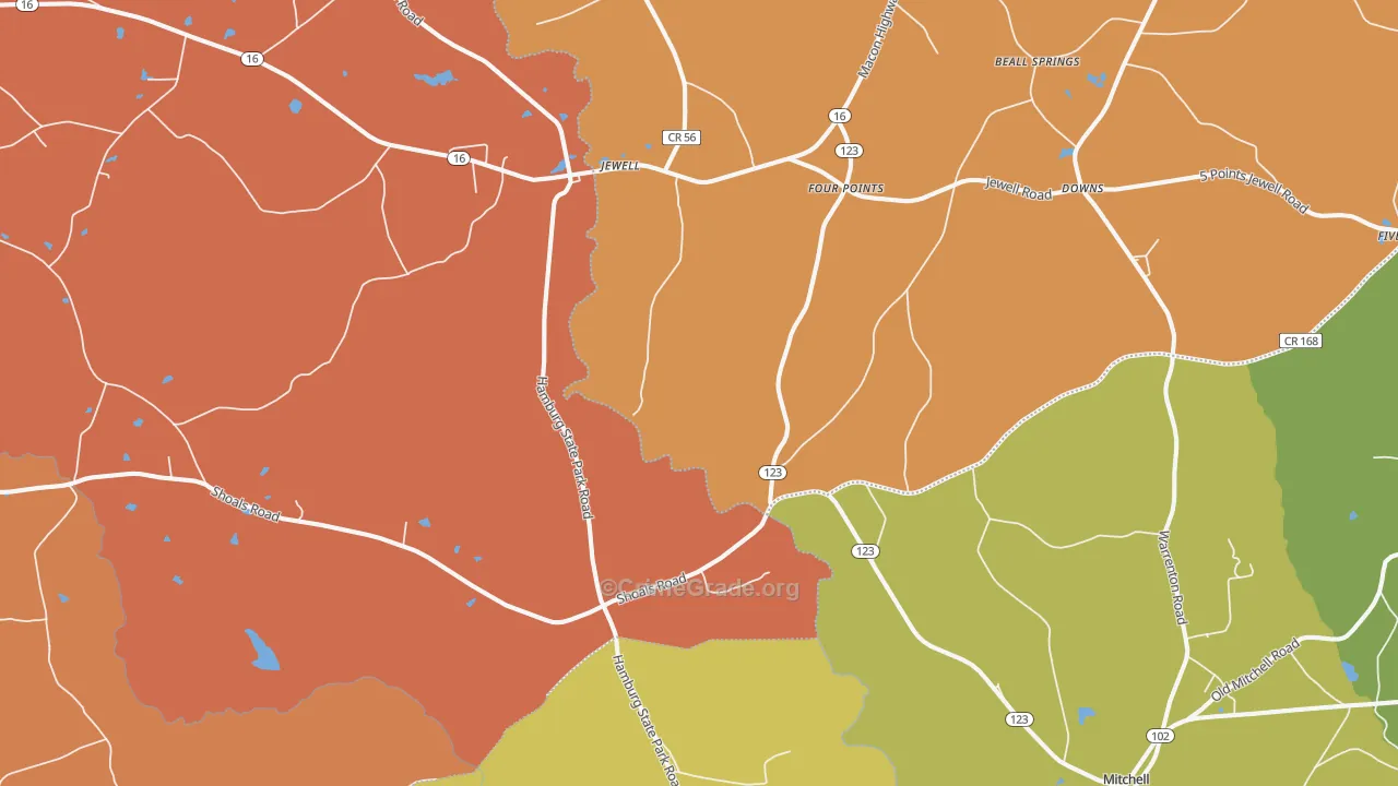Jewell, GA Map of Robbery Rates