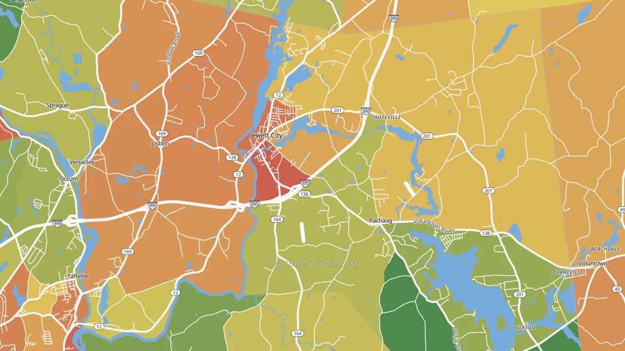Jewett City, CT Map of Robbery Rates