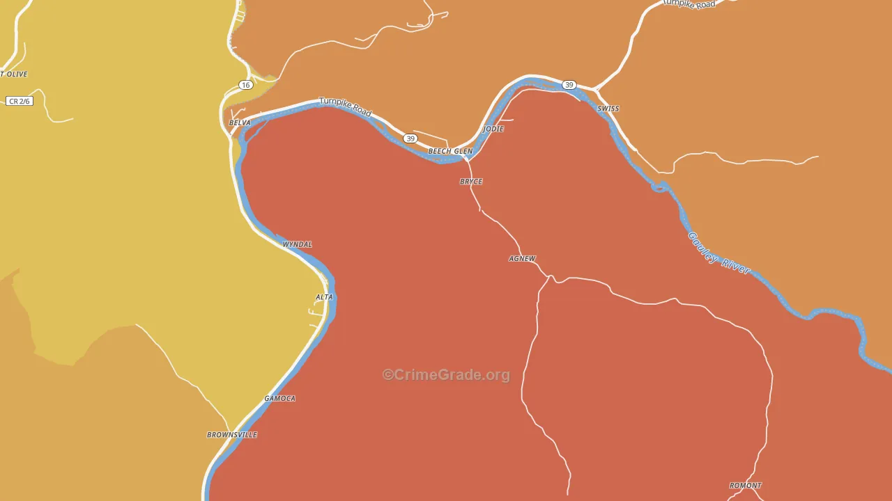 Jodie, WV Map of Robbery Rates