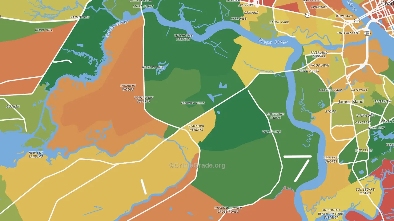 Johns Island, SC Map of Robbery Rates