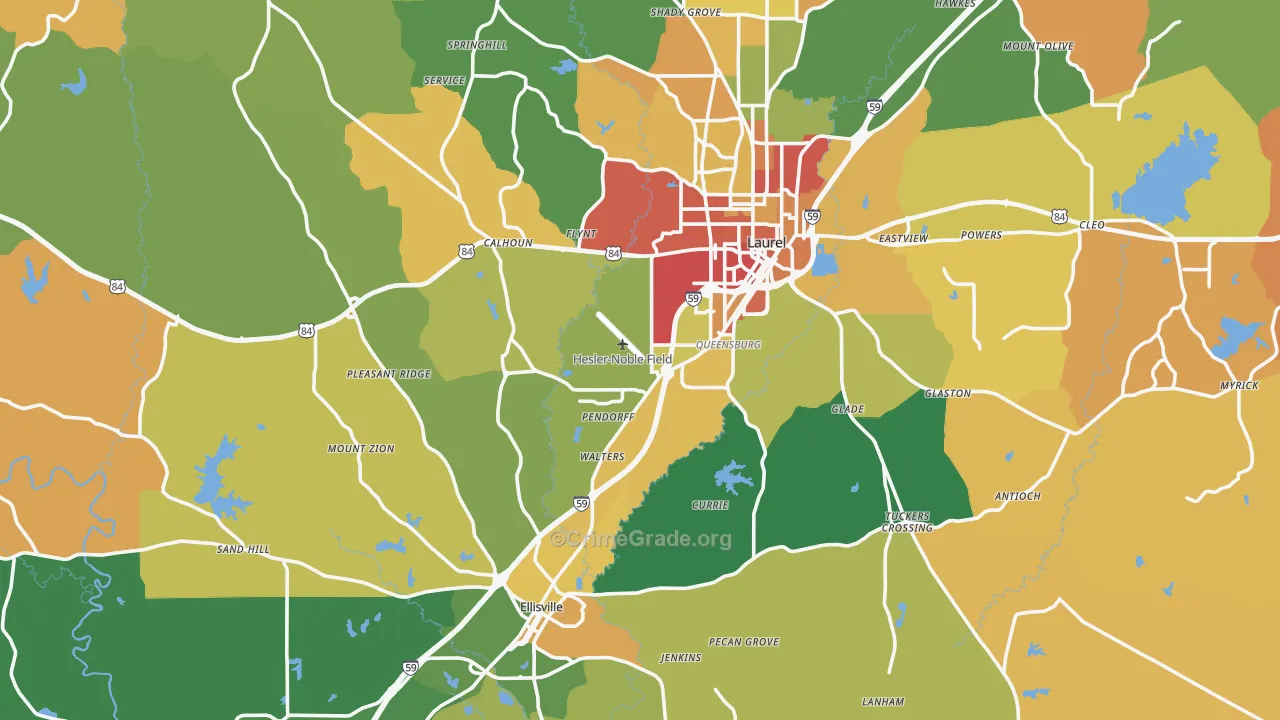 Jones County, MS Map of Robbery Rates