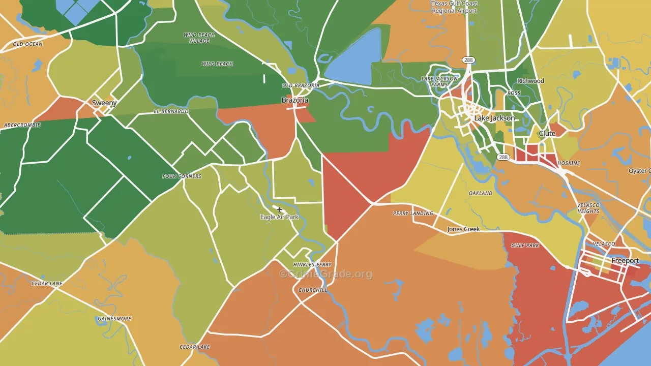 Jones Creek, TX Map of Robbery Rates