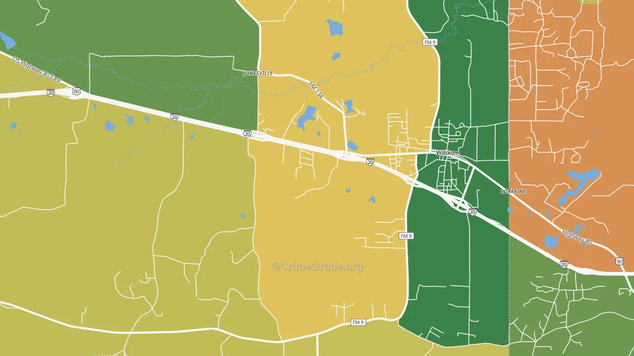 Jonesville, TX Map of Robbery Rates