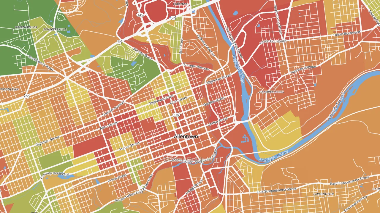 Jordan Heights, Allentown, PA Map of Robbery Rates