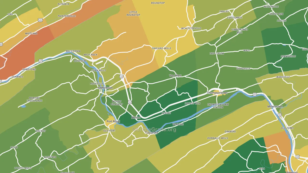 Juniata County, PA Map of Robbery Rates