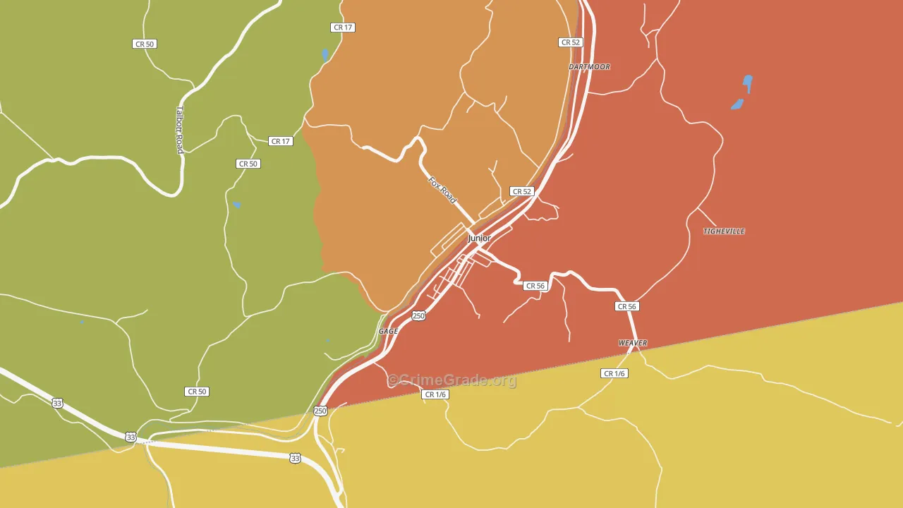 Junior, WV Map of Robbery Rates