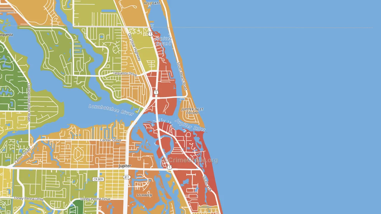 Jupiter Inlet Colony, FL Map of Robbery Rates