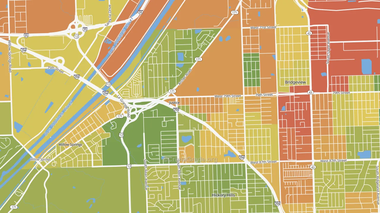 Justice, IL Map of Robbery Rates