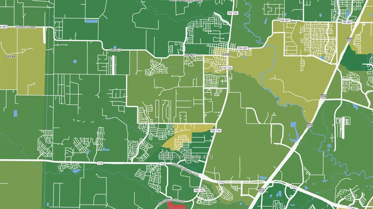 Justin, TX Map of Robbery Rates