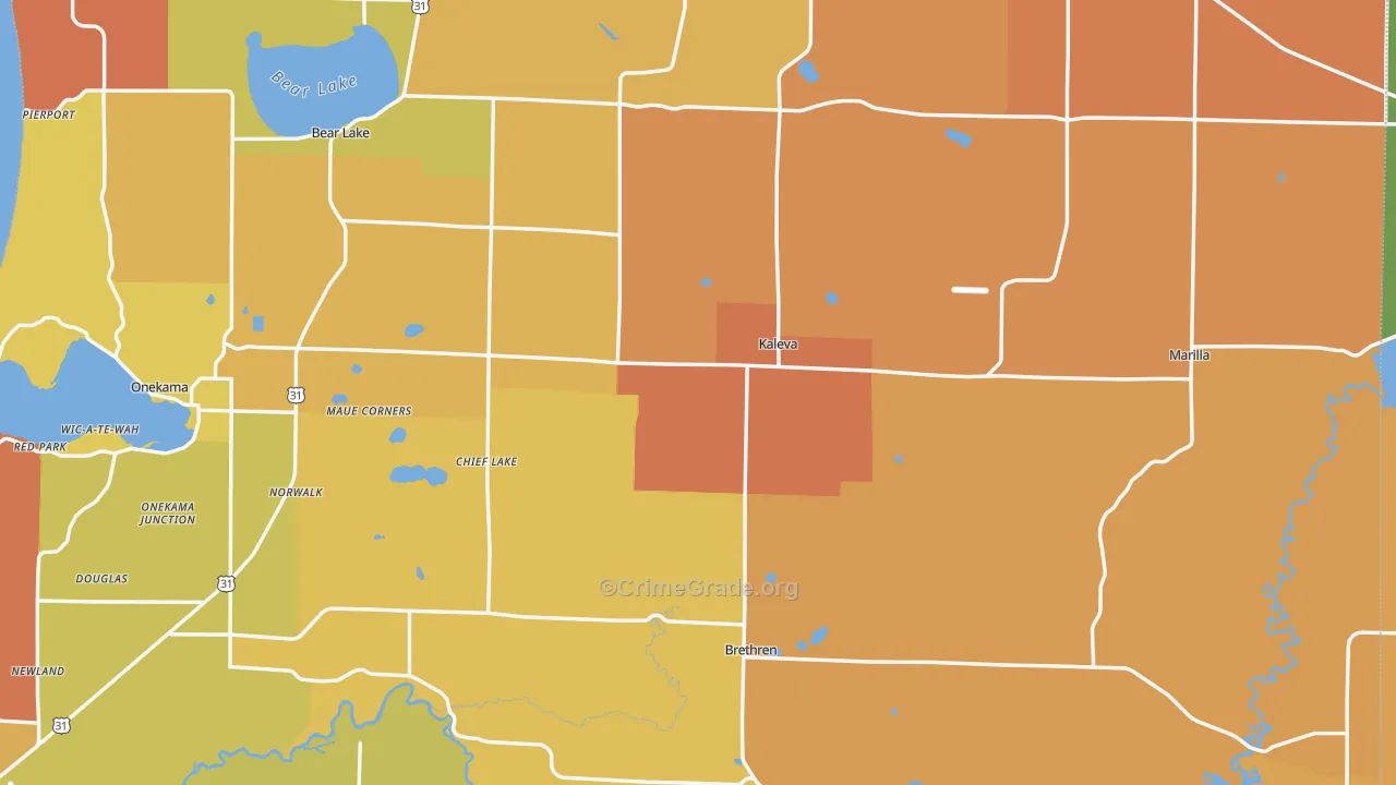 Kaleva, MI Map of Robbery Rates