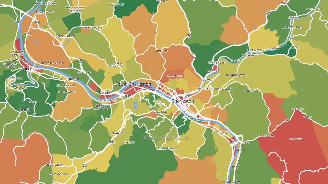 Kanawha County, WV Map of Robbery Rates