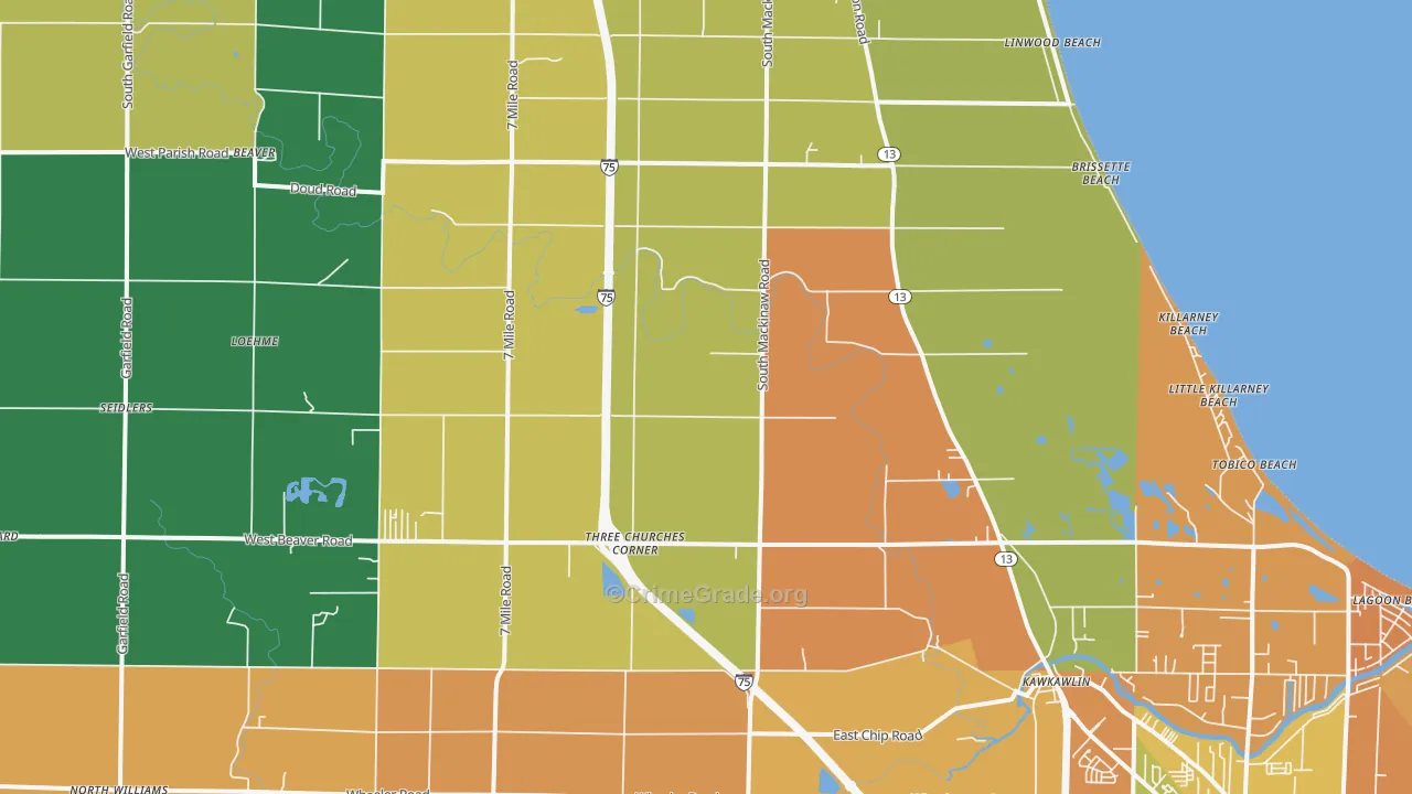 Kawkawlin, MI Map of Robbery Rates