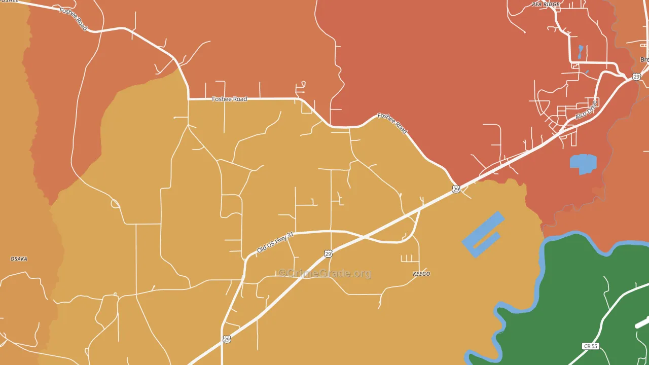 Keego, AL Map of Robbery Rates