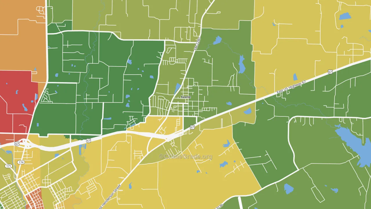 Keene, TX Map of Robbery Rates