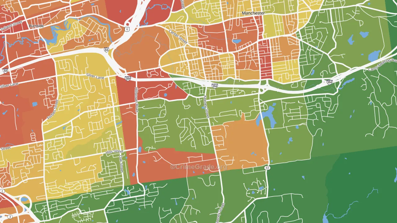 Keeney, Manchester, CT Map of Robbery Rates