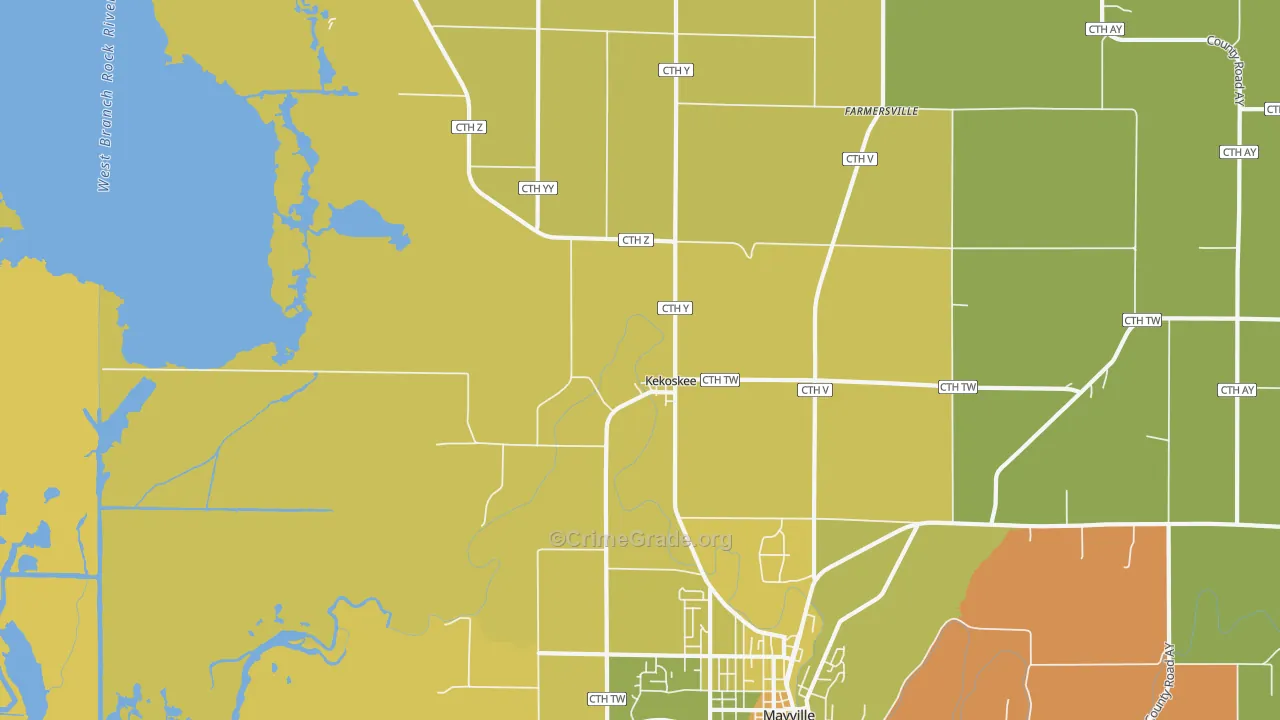 Kekoskee, WI Map of Robbery Rates
