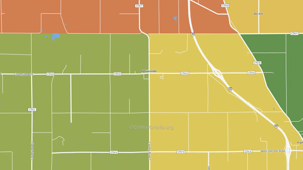 Kellnersville, WI Map of Robbery Rates