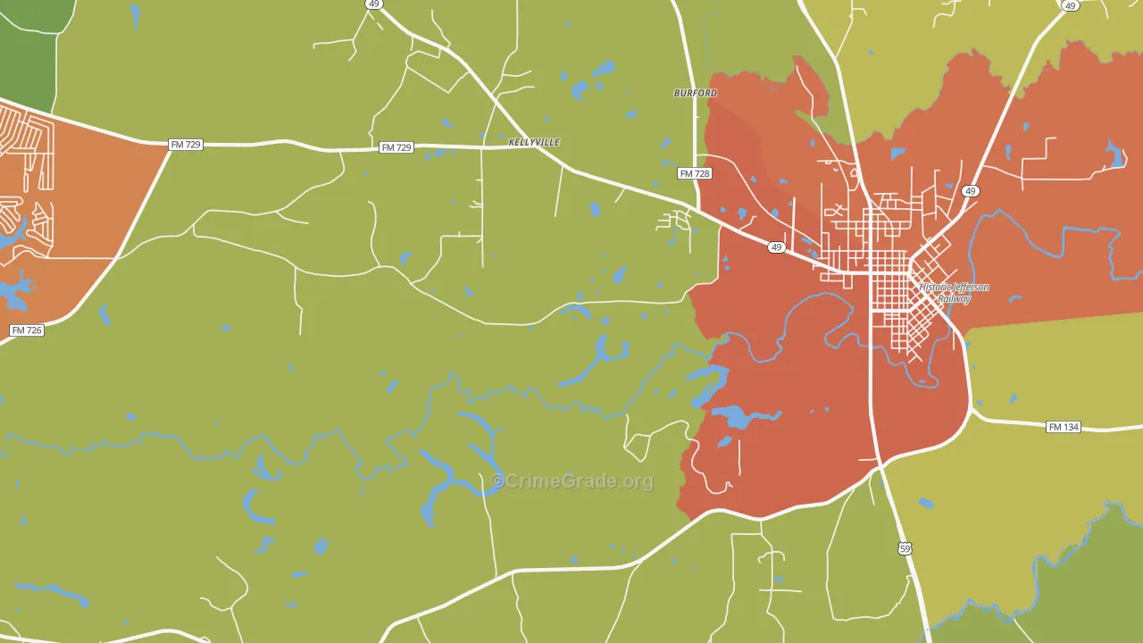 Kellyville, TX Map of Robbery Rates
