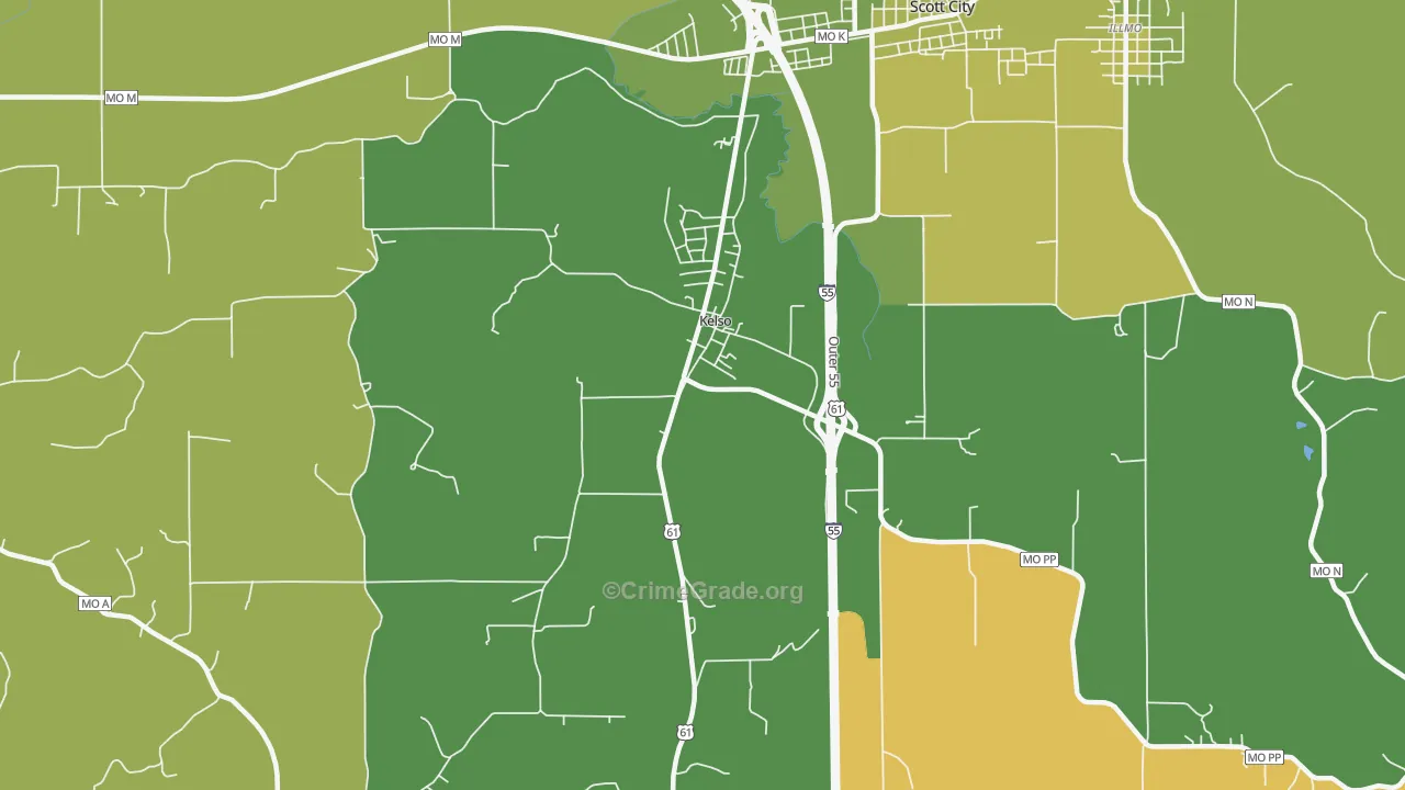 Kelso, MO Map of Robbery Rates