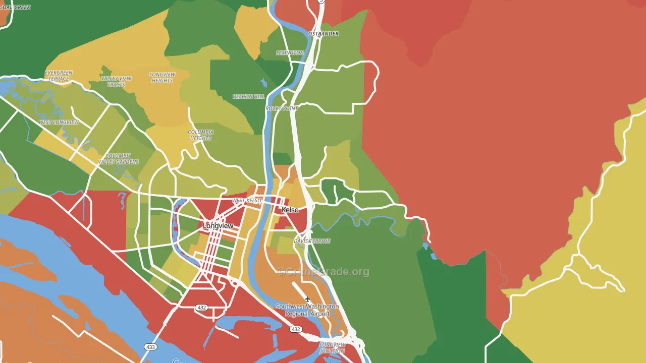 Kelso, WA Map of Robbery Rates
