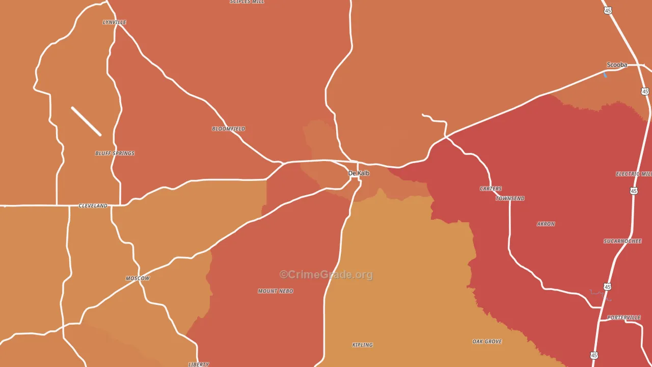 Kemper County, MS Map of Robbery Rates