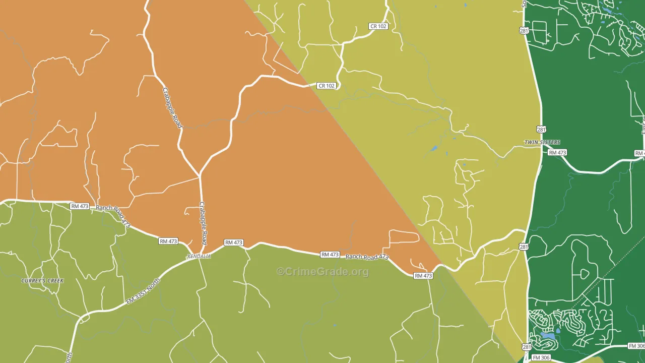 Kendalia, TX Map of Robbery Rates