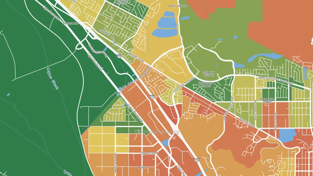 Kendall, San Bernardino, CA Map of Robbery Rates