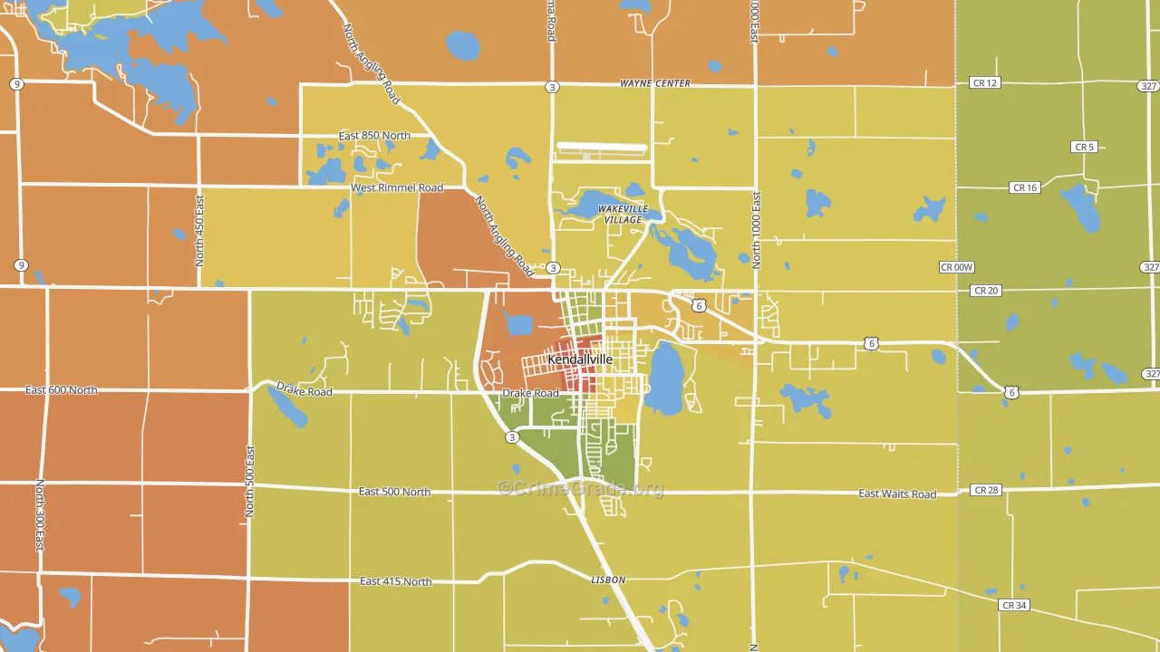 Kendallville, IN Map of Robbery Rates