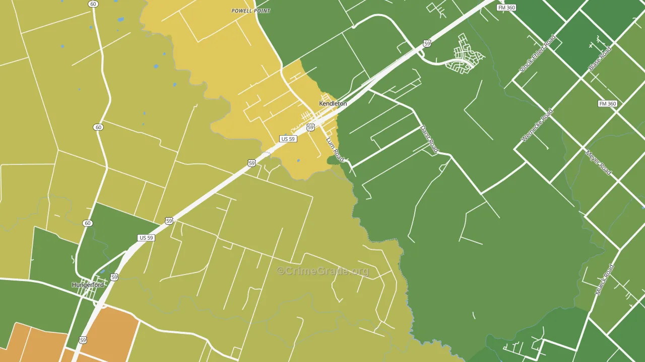 Kendleton, TX Map of Robbery Rates