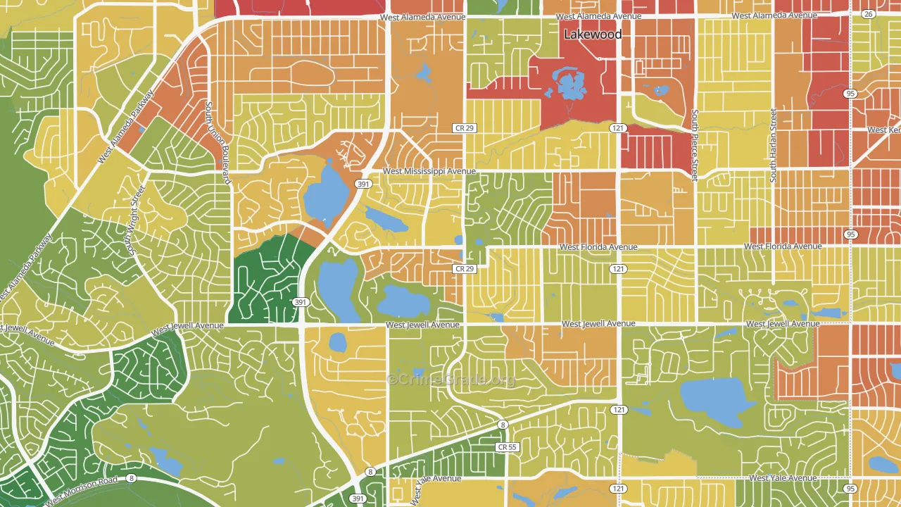 Kendrick Lake, Lakewood, CO Map of Robbery Rates