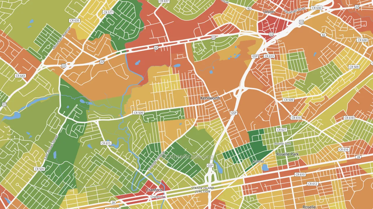 Kenilworth, NJ Map of Robbery Rates