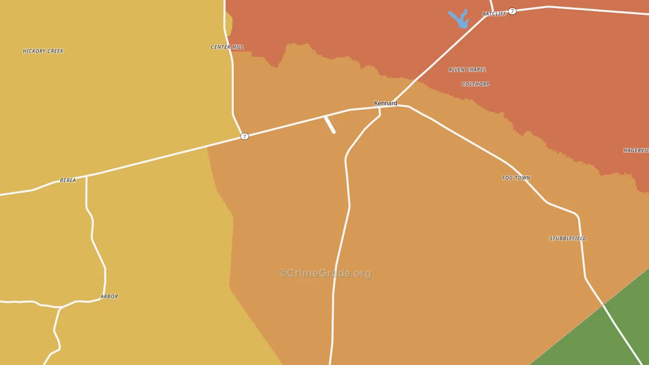 Kennard, TX Map of Robbery Rates