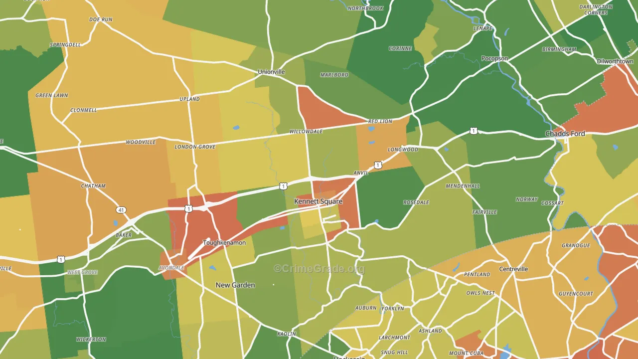 Kennett Square, PA Map of Robbery Rates
