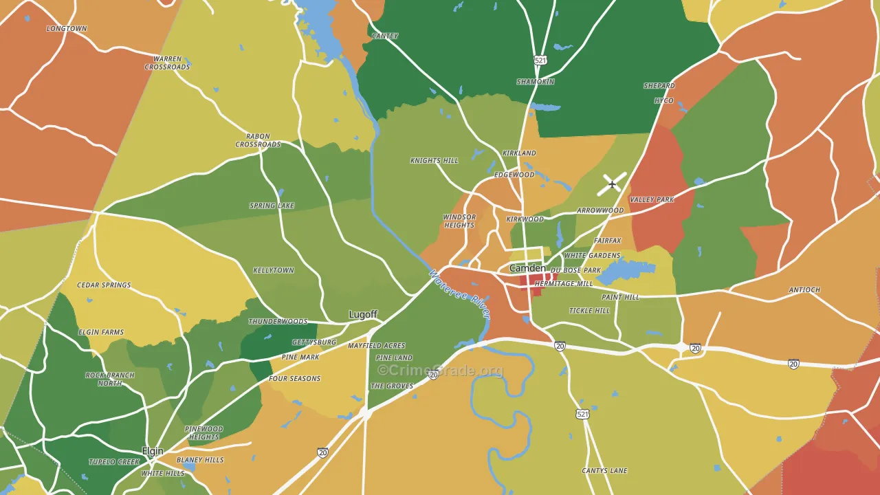 Kershaw County, SC Map of Robbery Rates