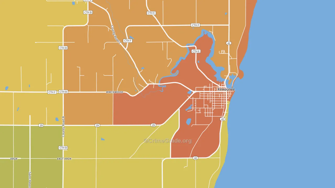 Kewaunee, WI Map of Robbery Rates