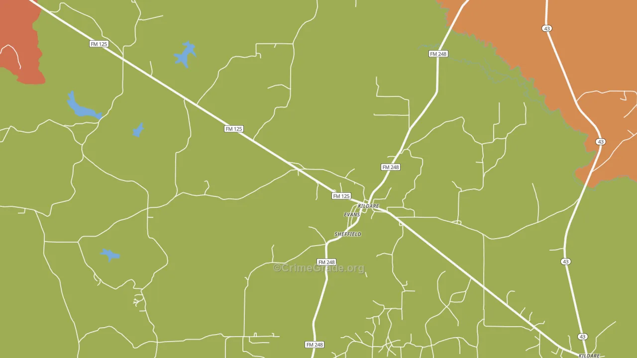 Kildare, TX Map of Robbery Rates