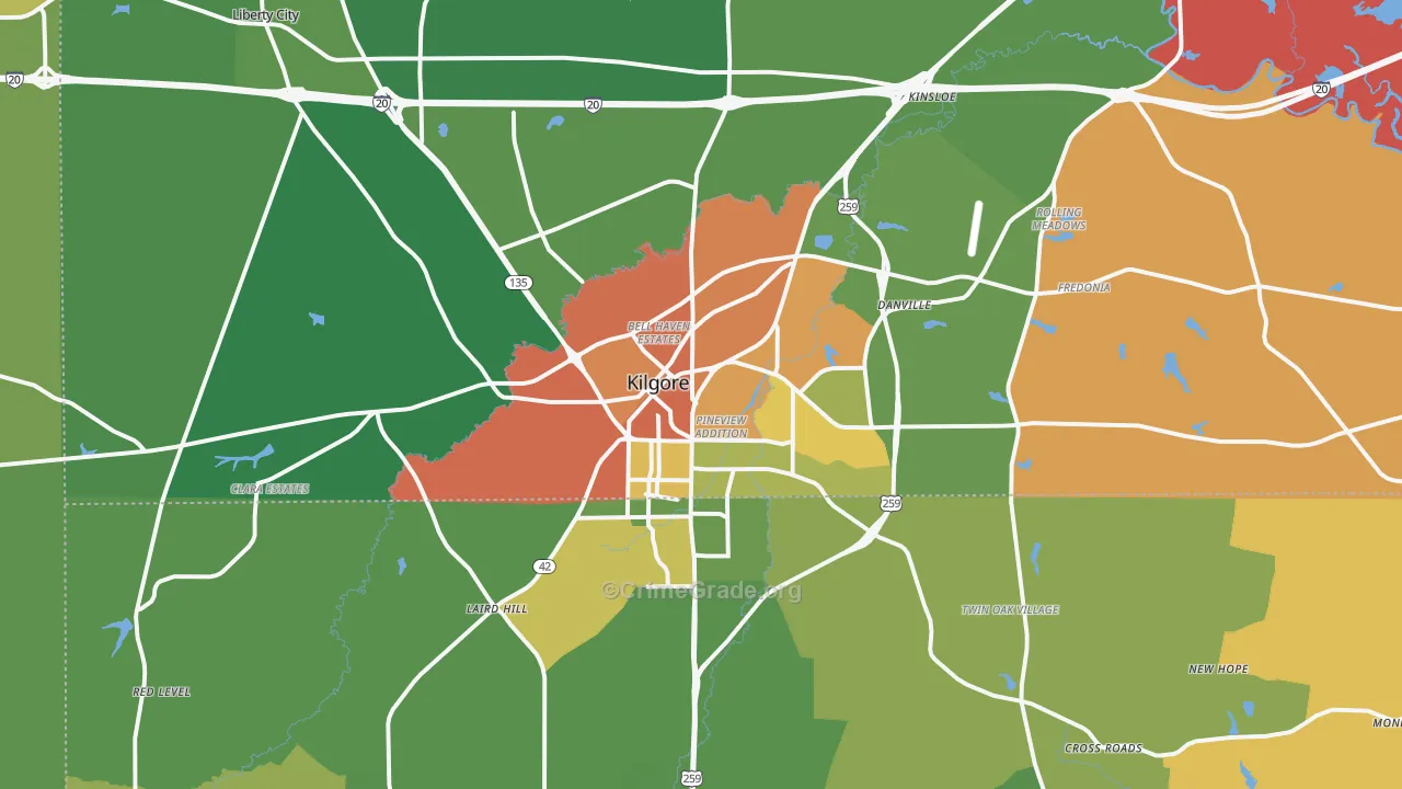 Kilgore, TX Map of Robbery Rates