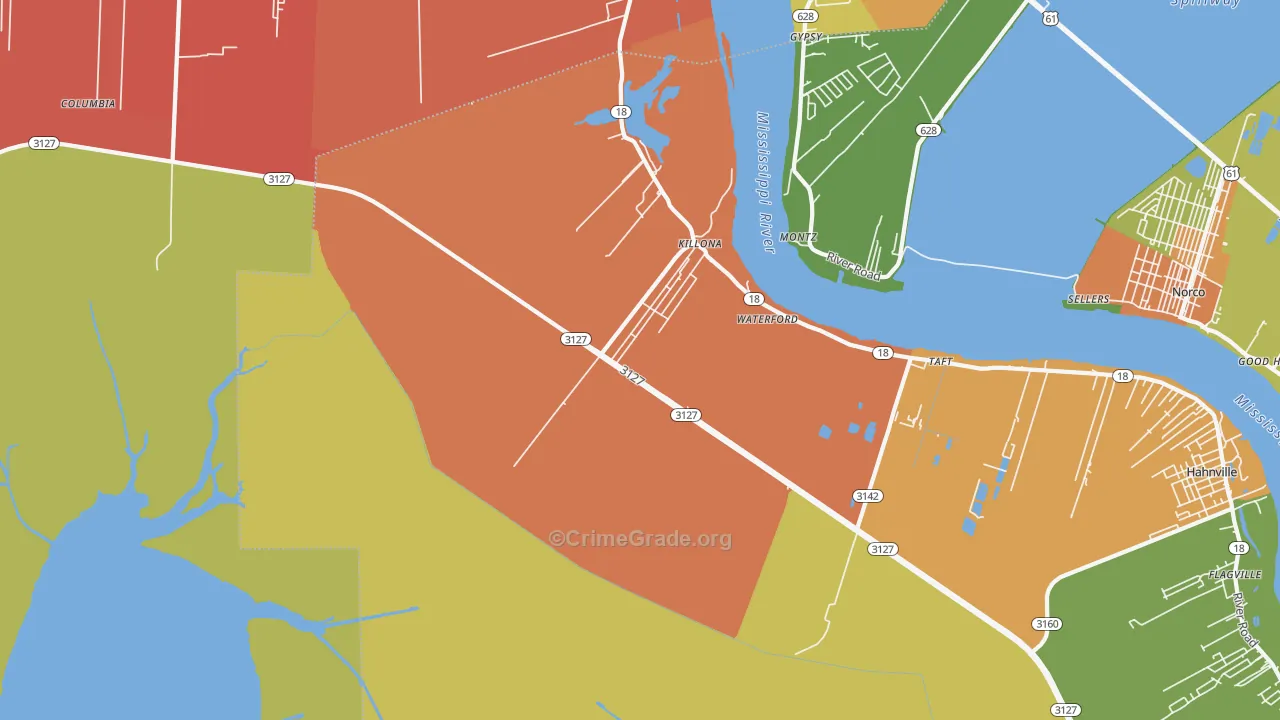 Killona, LA Map of Robbery Rates