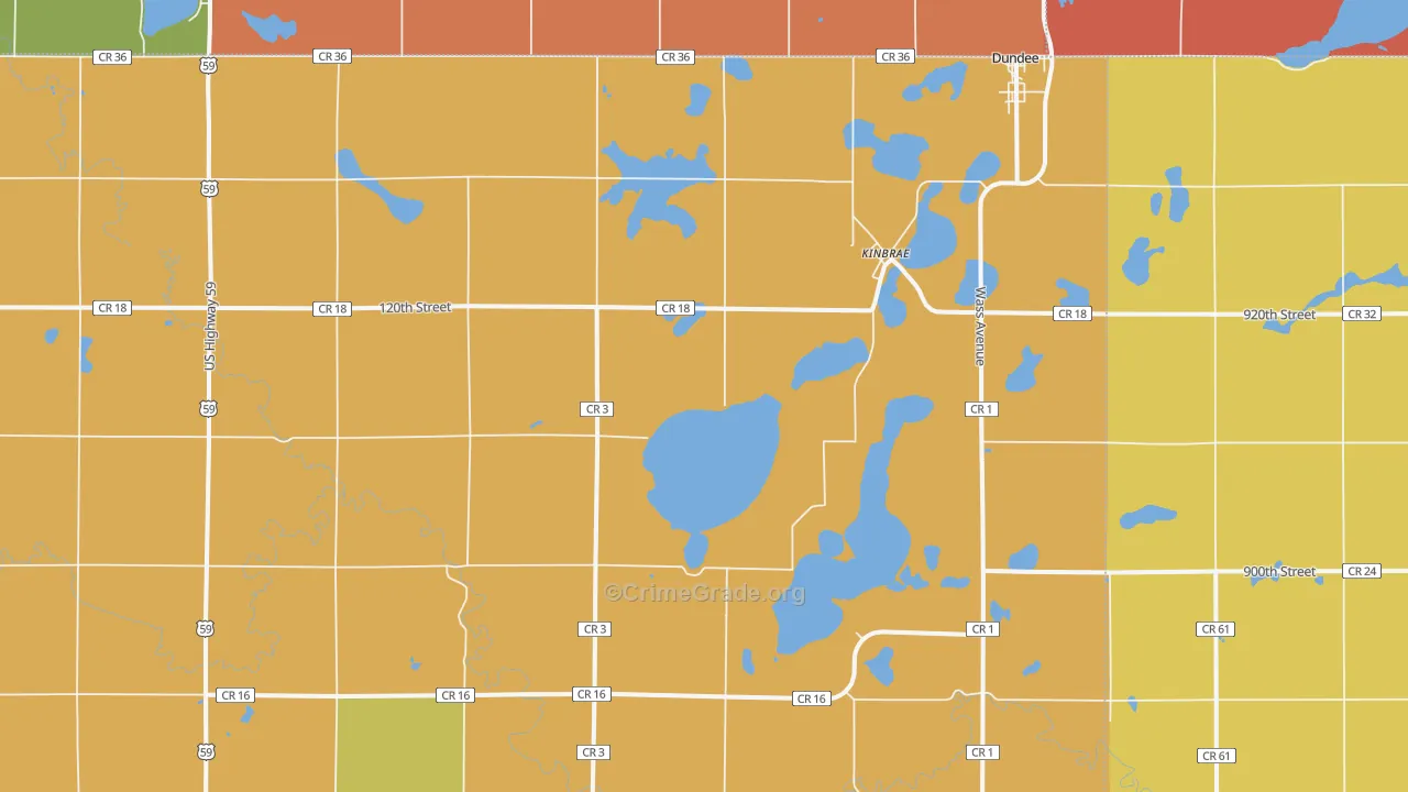Kinbrae, MN Map of Robbery Rates