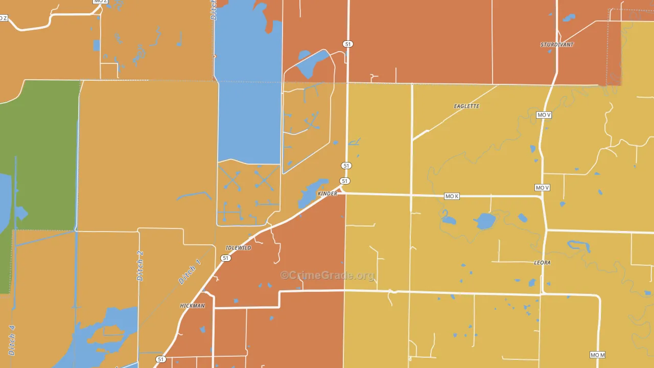 Kinder, MO Map of Robbery Rates