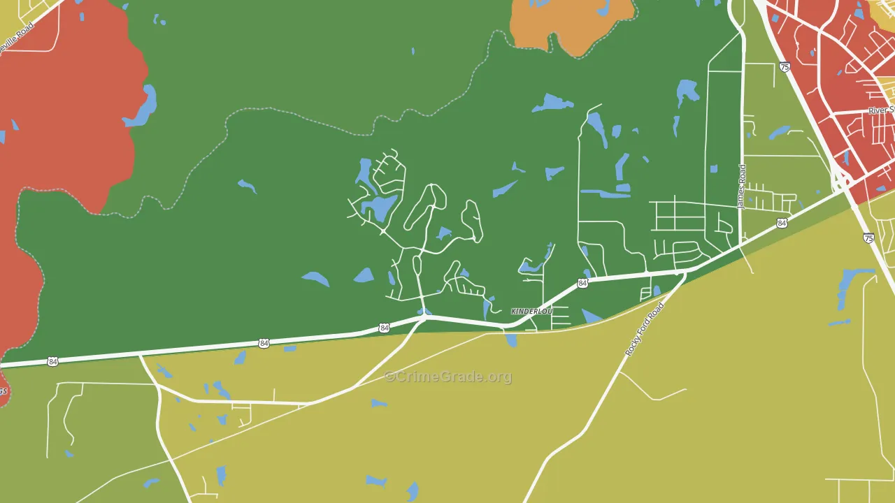 Kinderlou, GA Map of Robbery Rates