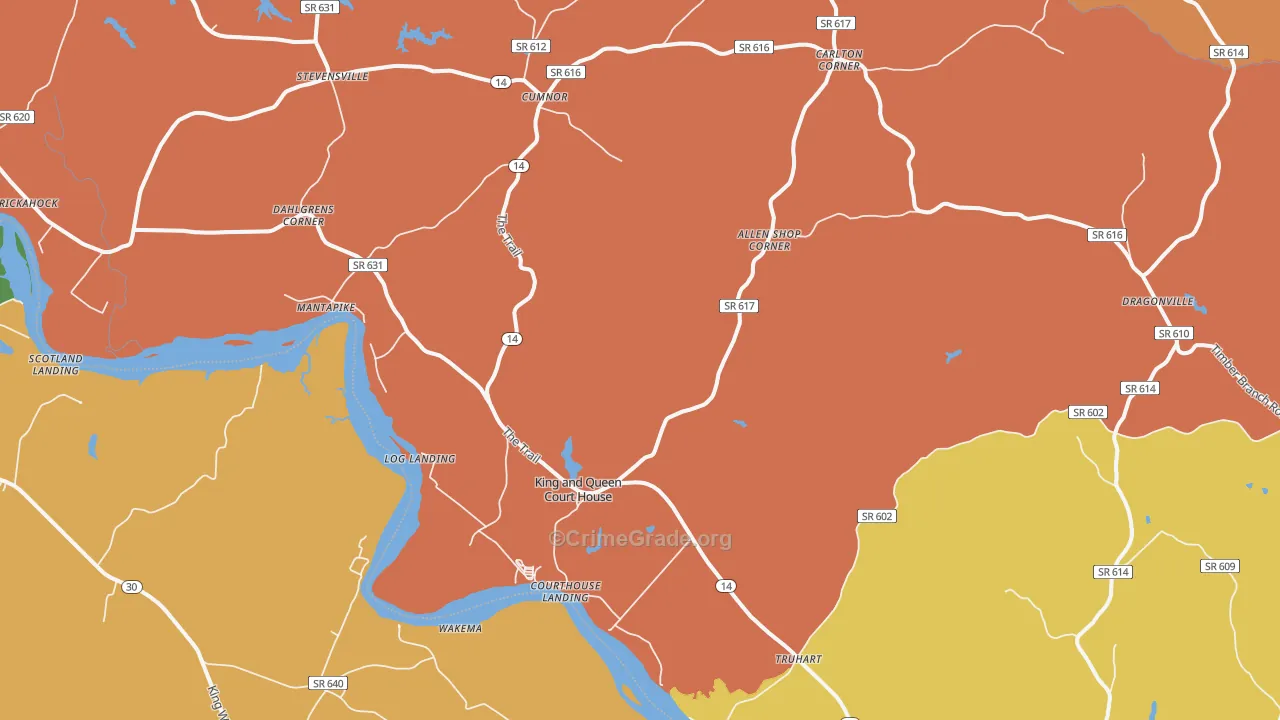 King And Queen Court House, VA Map of Robbery Rates