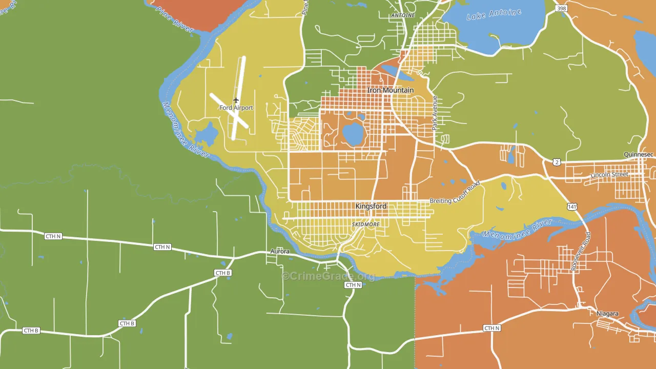 Kingsford, MI Map of Robbery Rates