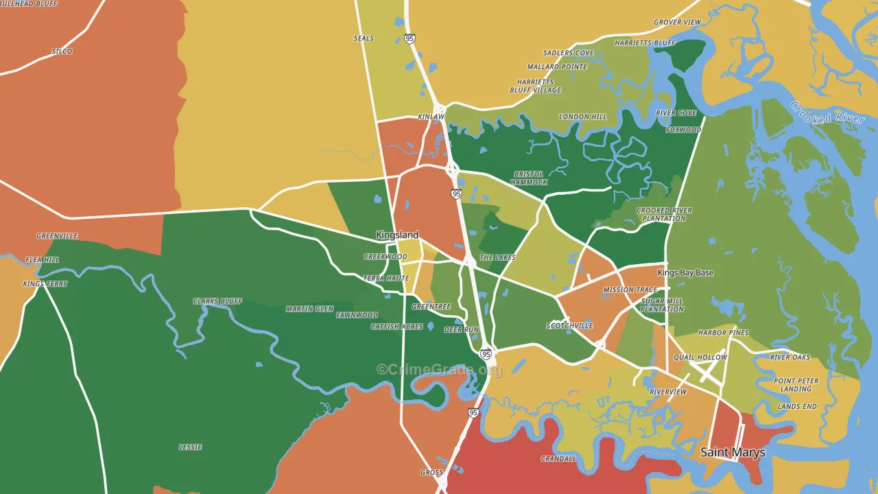 Kingsland, GA Map of Robbery Rates