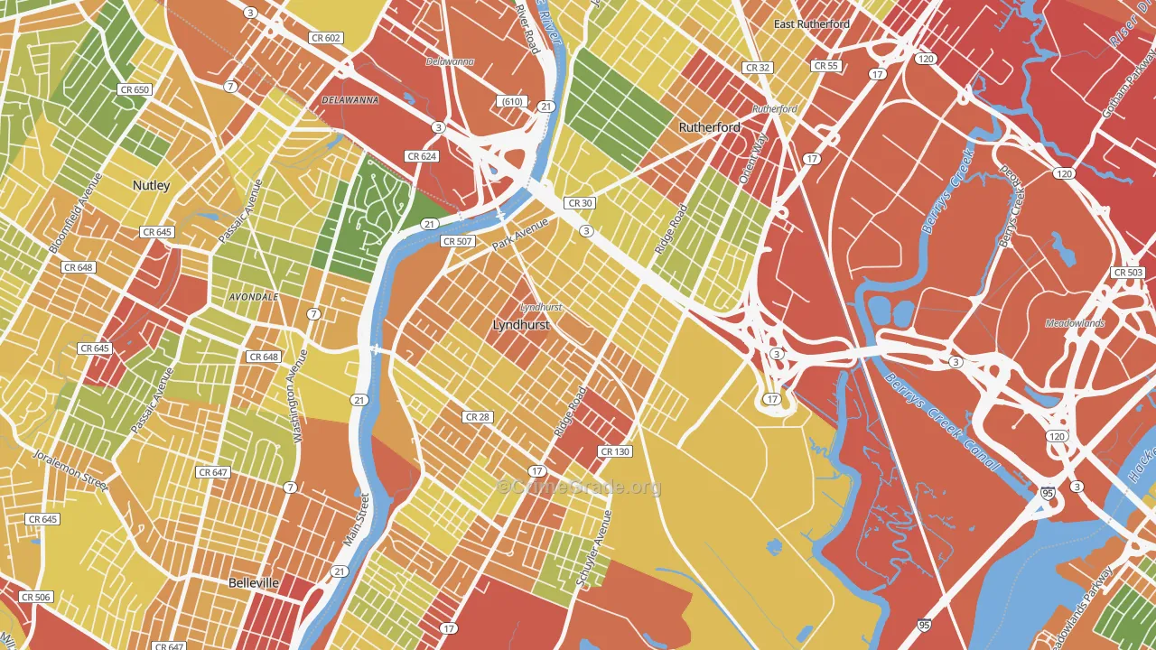Kingsland, Lyndhurst, NJ Map of Robbery Rates