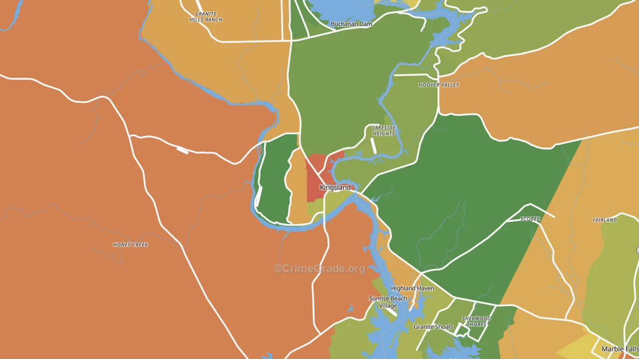 Kingsland, TX Map of Robbery Rates