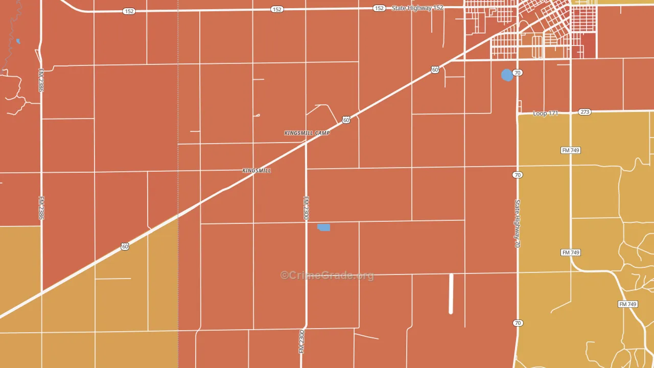 Kingsmill, TX Map of Robbery Rates