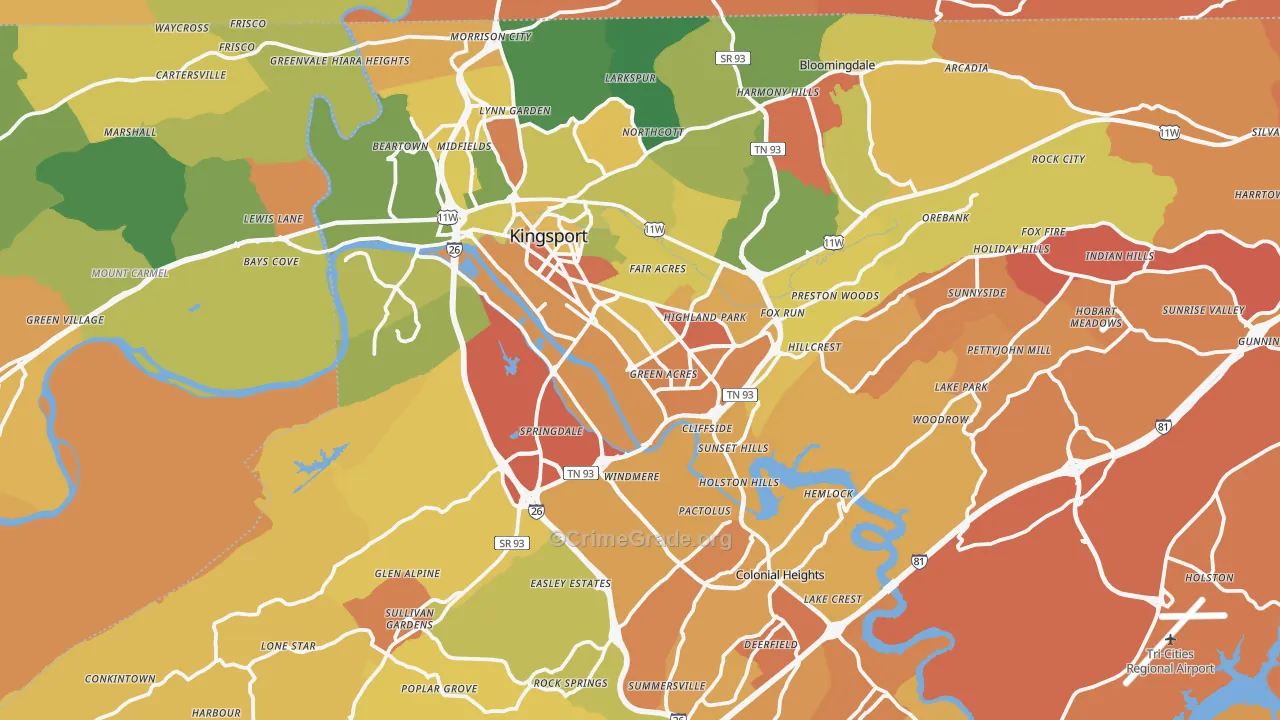 Kingsport, TN Map of Robbery Rates