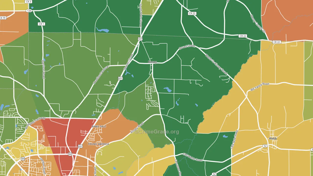 Kinsey, AL Map of Robbery Rates