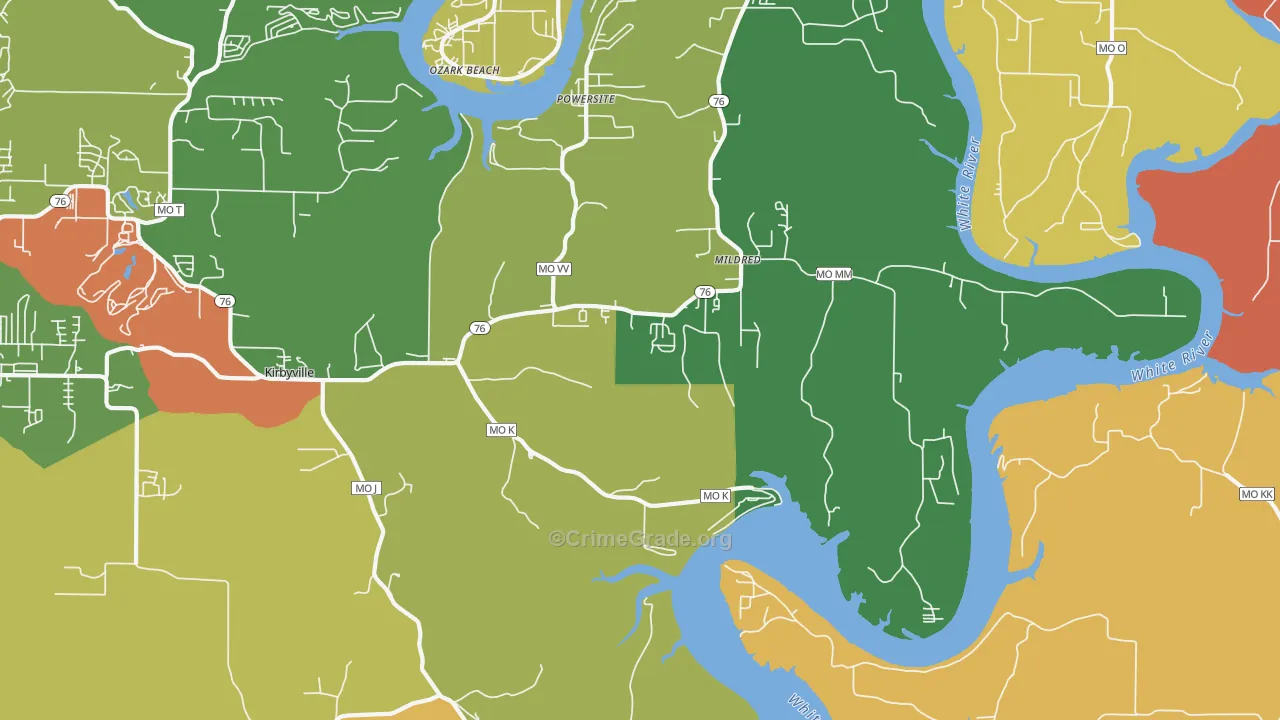 Kirbyville, MO Map of Robbery Rates